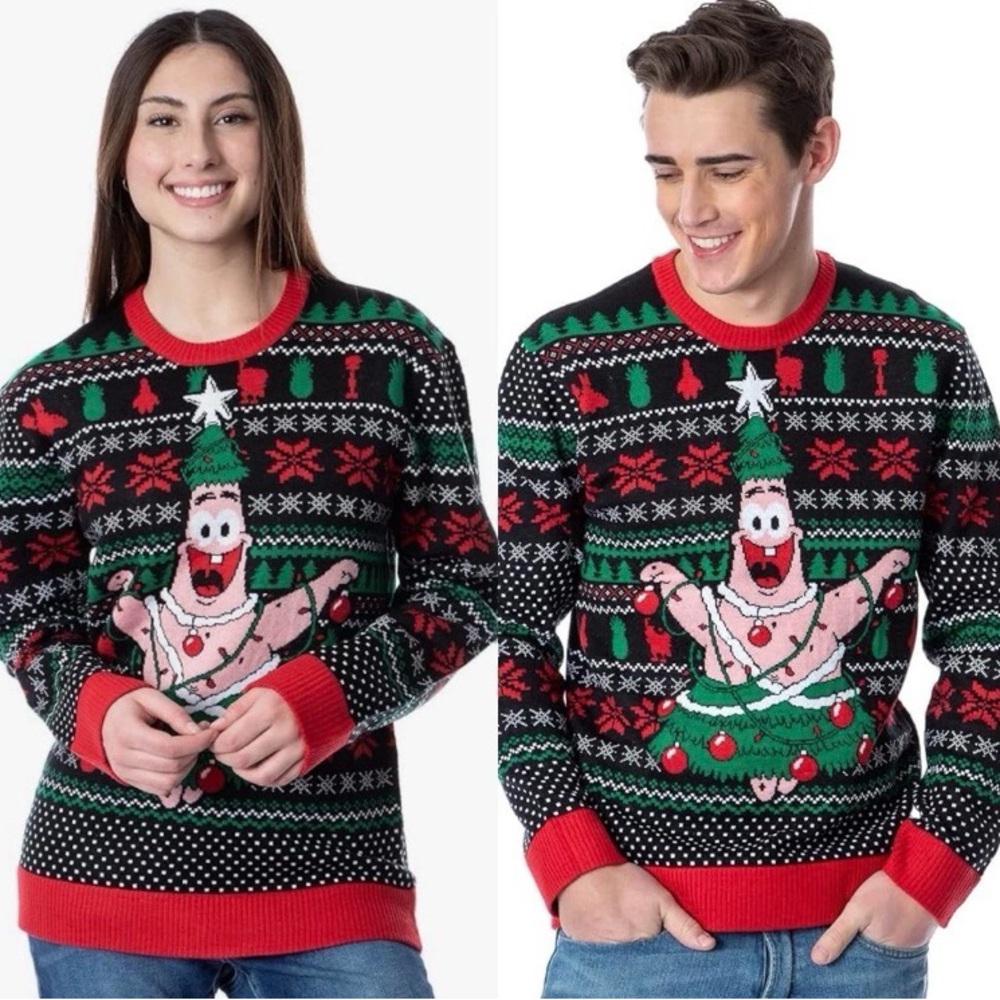 Nickelodeon SpongeBob Patrick Funny Ugly Christmas Sweater Red Unisex X-Large XL